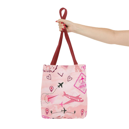 Travel-Girly Tote Bag with Airplane and Landmark Designs