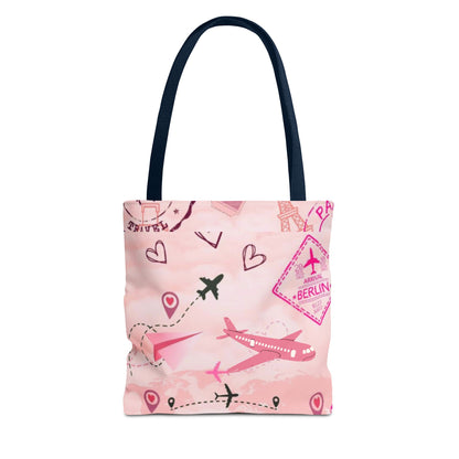 Travel-Girly Tote Bag with Airplane and Landmark Designs