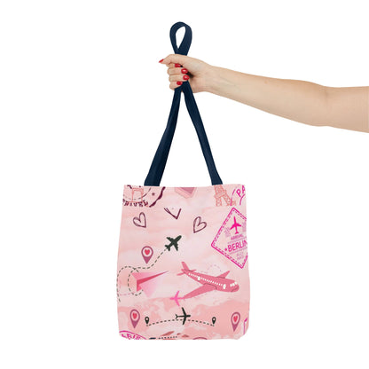 Travel-Girly Tote Bag with Airplane and Landmark Designs