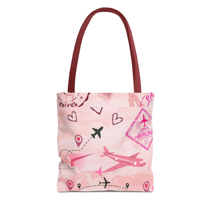 Travel-Girly Tote Bag with Airplane and Landmark Designs