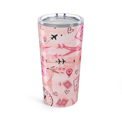 Travel Girly Tumbler 20oz - Pink Airplane & Landmark Design