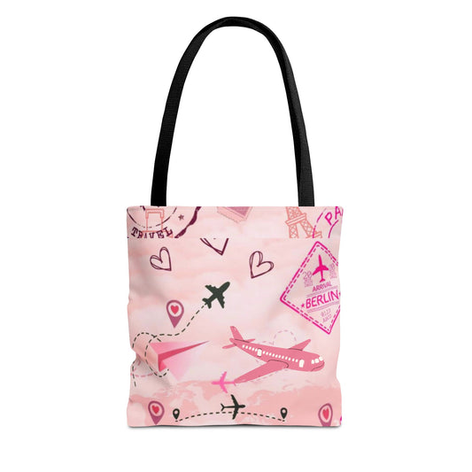 Travel-Girly Tote Bag with Airplane and Landmark Designs