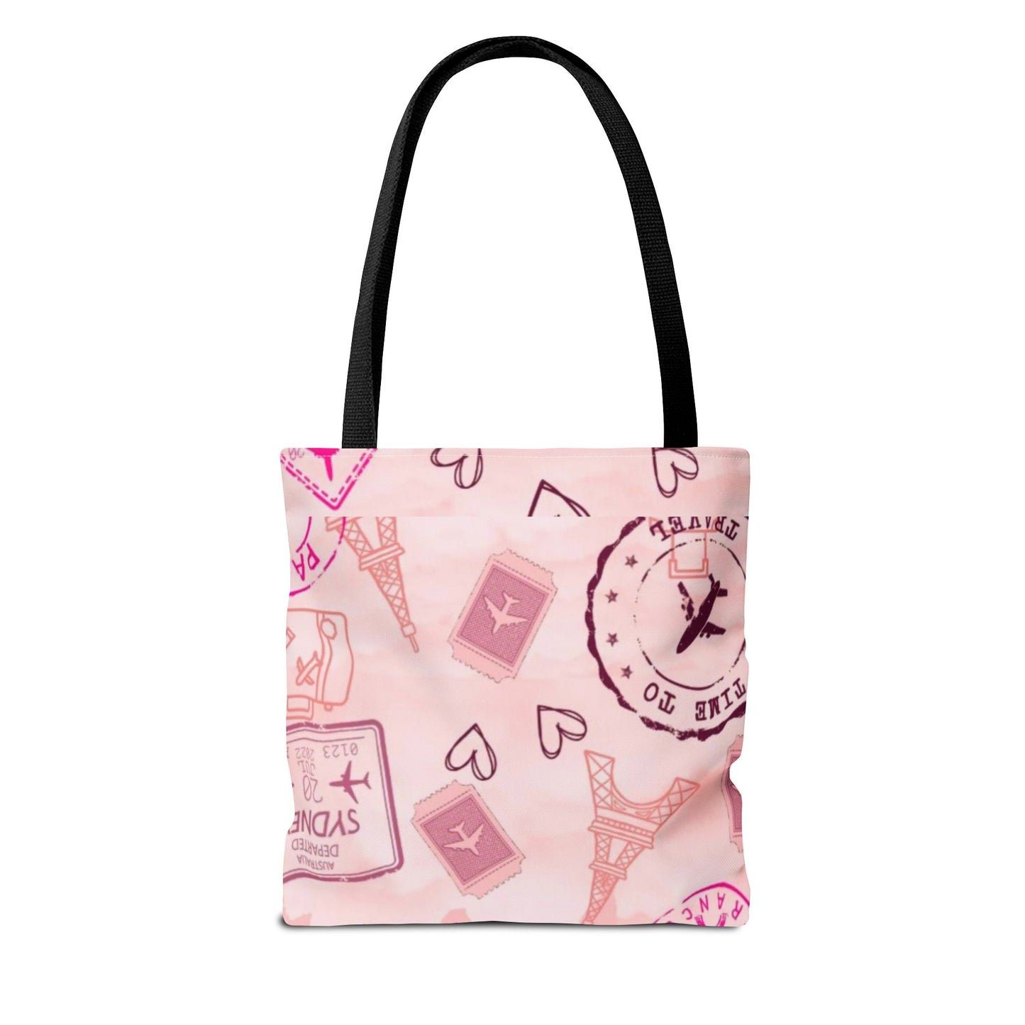 Travel-Girly Tote Bag with Airplane and Landmark Designs