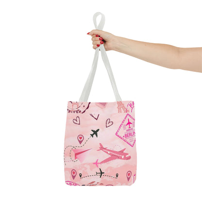 Travel-Girly Tote Bag with Airplane and Landmark Designs