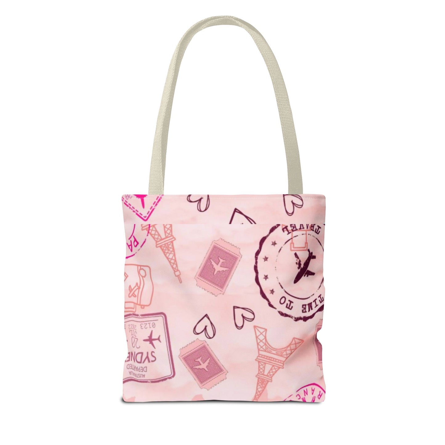 Travel-Girly Tote Bag with Airplane and Landmark Designs