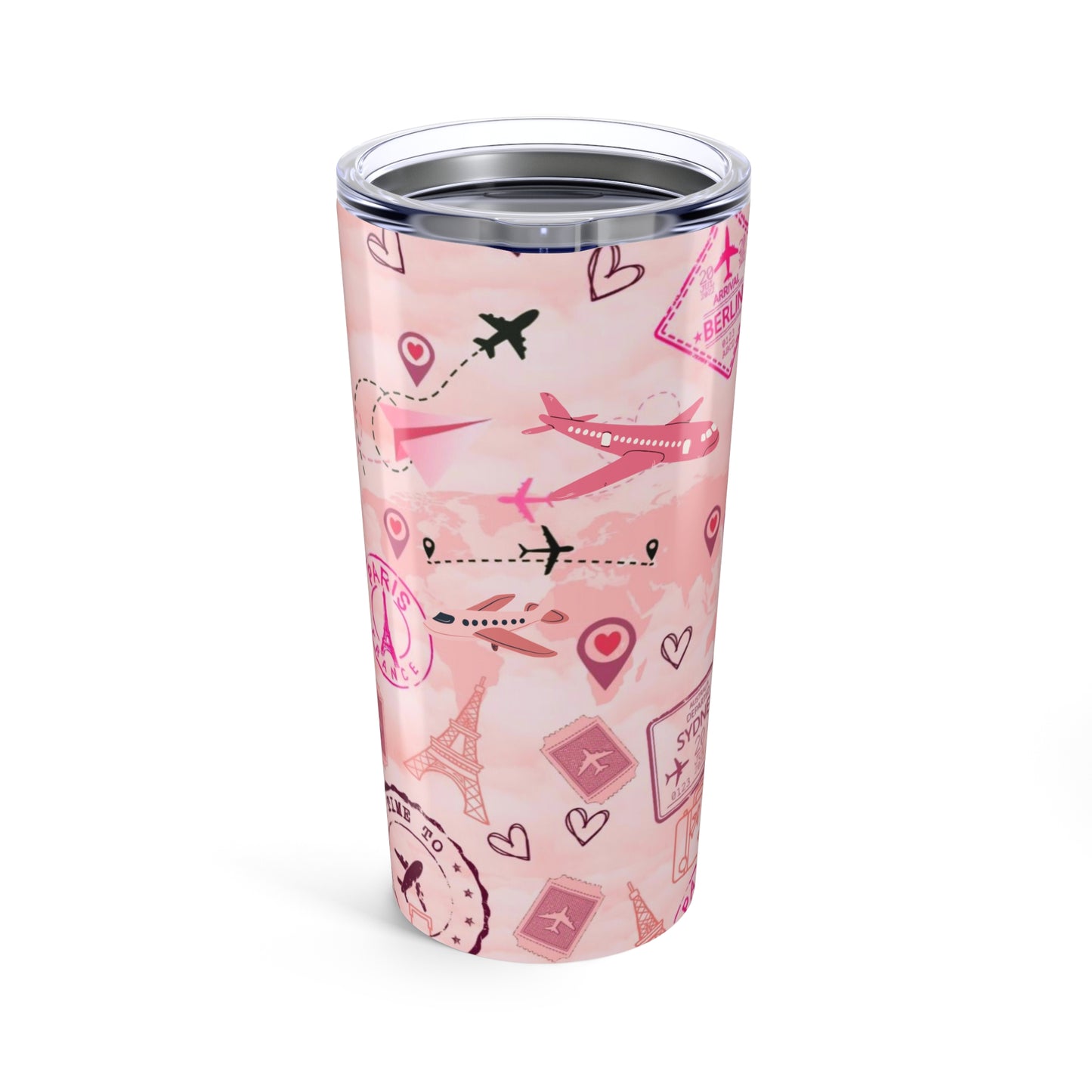 Travel Girly Tumbler 20oz - Pink Airplane & Landmark Design