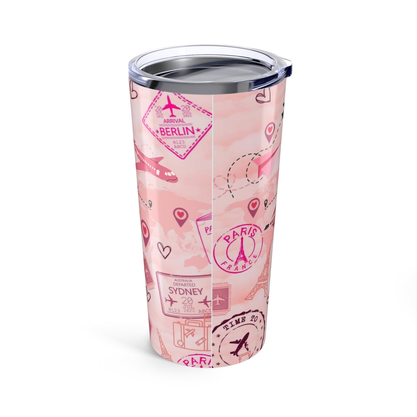 Travel Girly Tumbler 20oz - Pink Airplane & Landmark Design