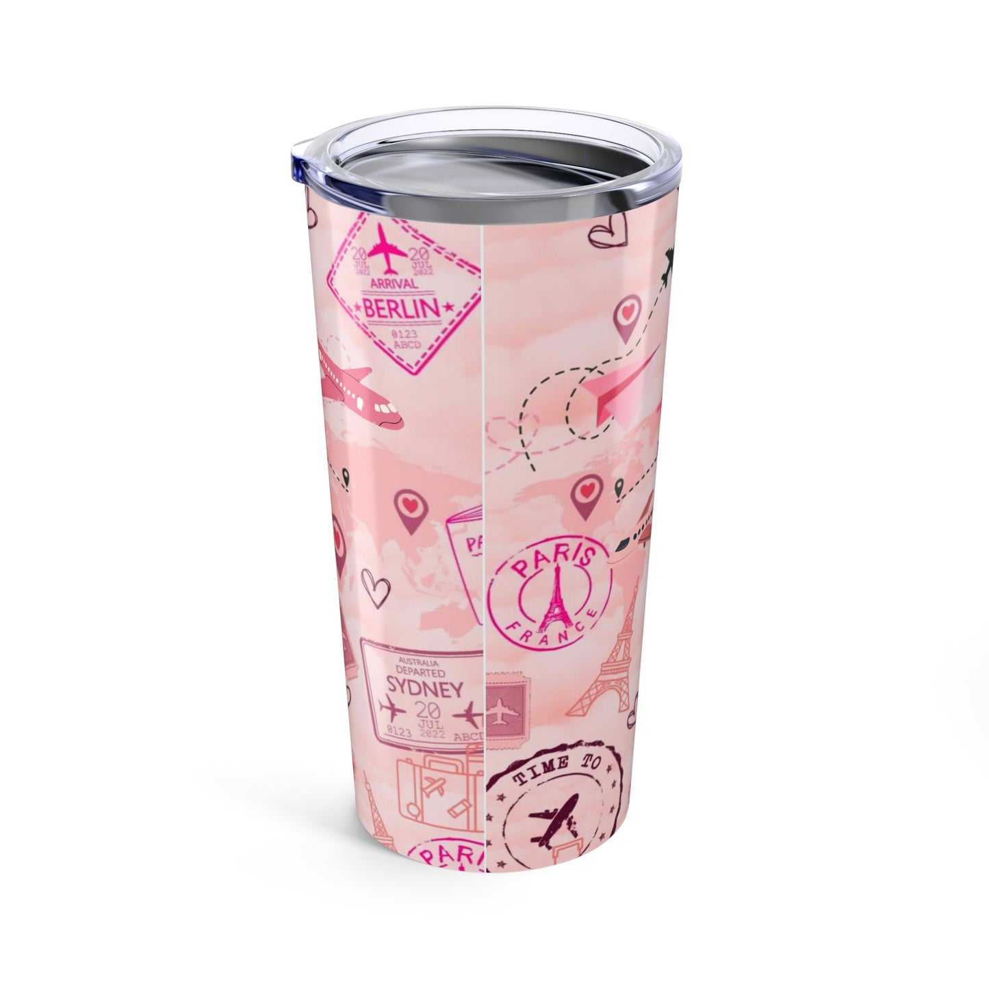 Travel Girly Tumbler 20oz - Pink Airplane & Landmark Design