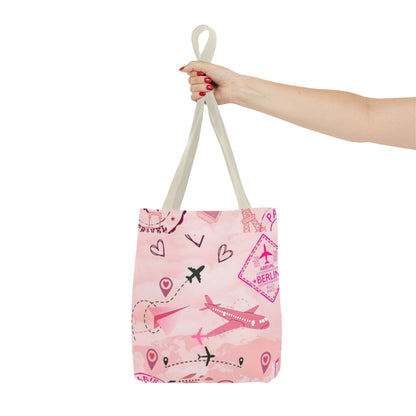 Travel-Girly Tote Bag with Airplane and Landmark Designs