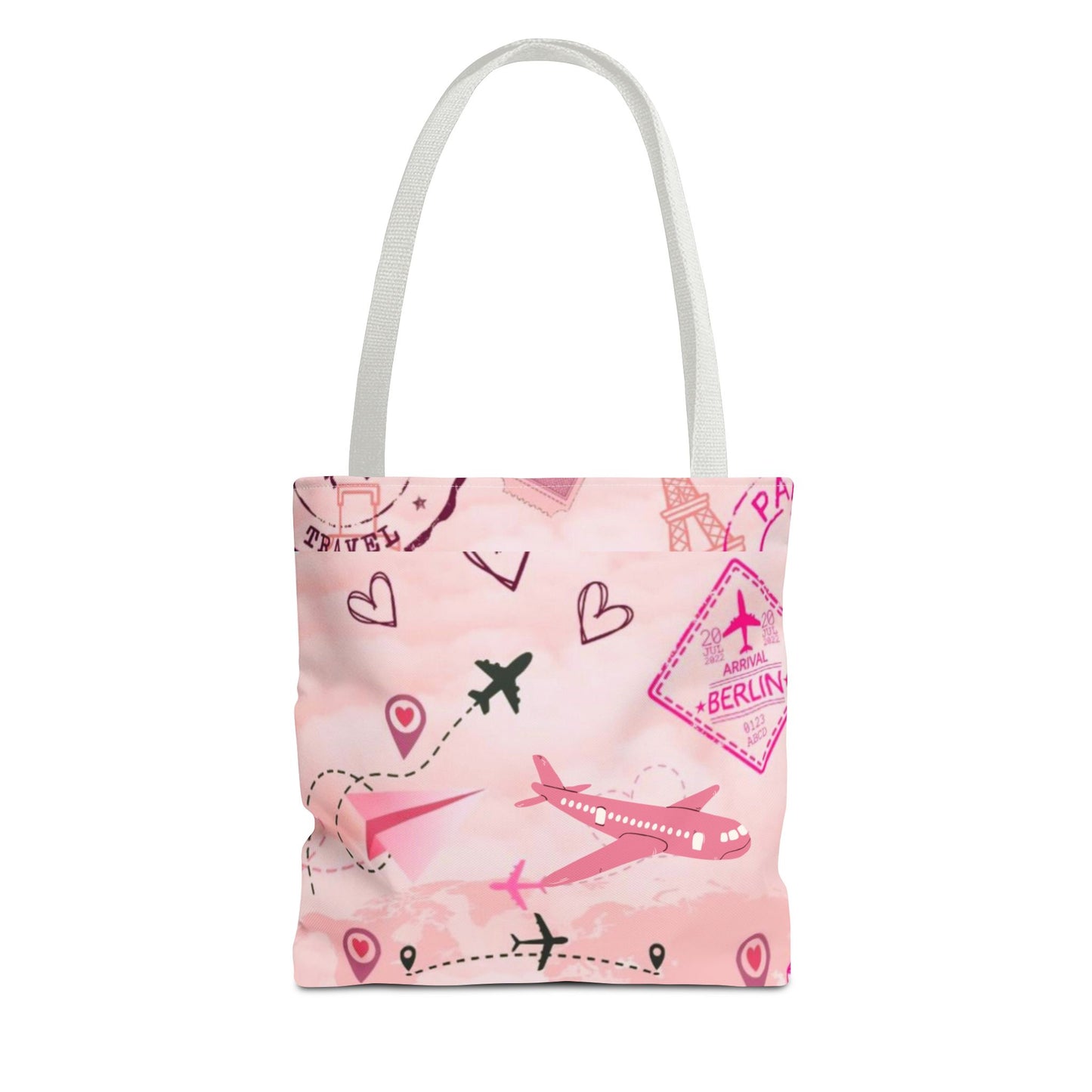 Travel-Girly Tote Bag with Airplane and Landmark Designs